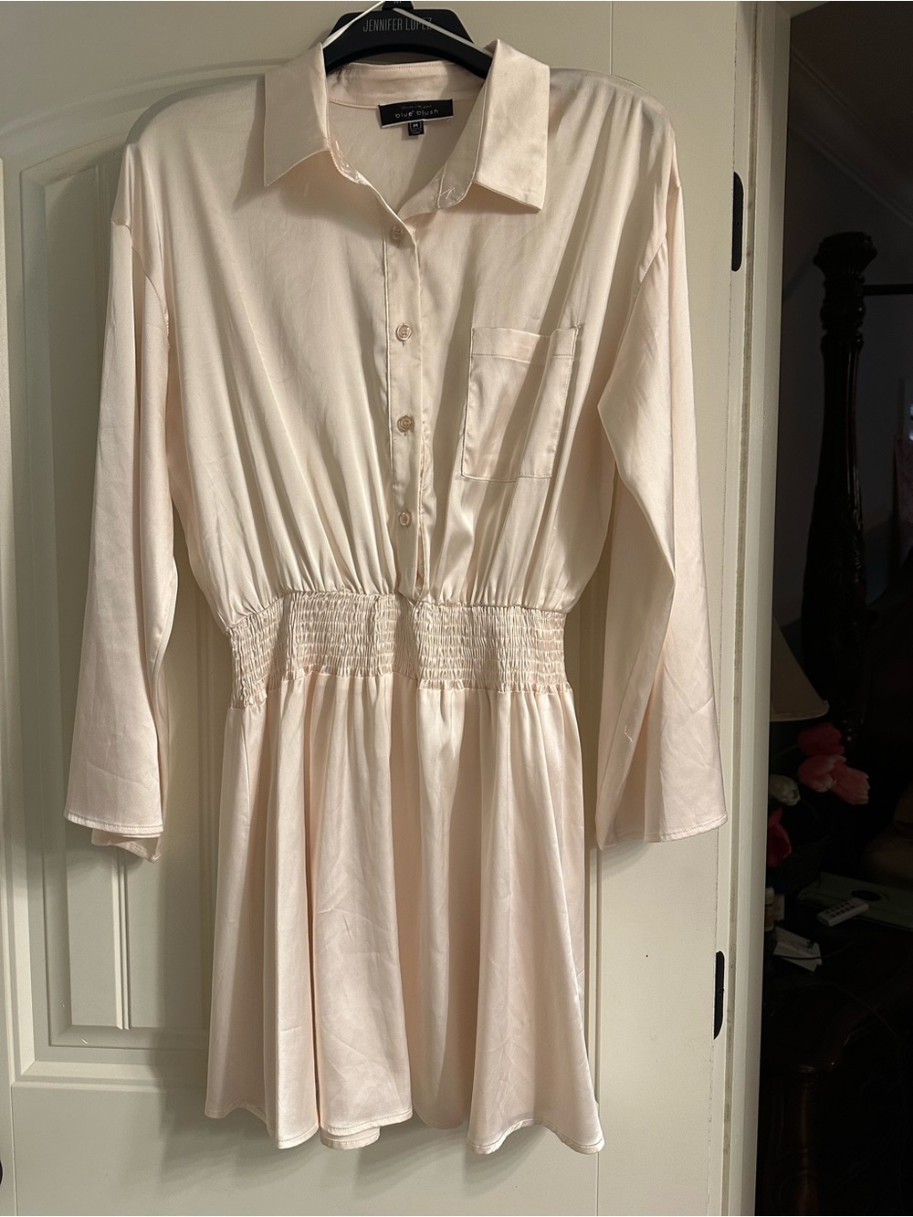 Blue Blush Cream Long-Sleeve Smocked Waist Shirtdress